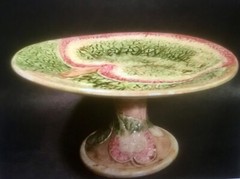 Antique Majolica Begonia Leaf Tall Pedestal Dish Platter