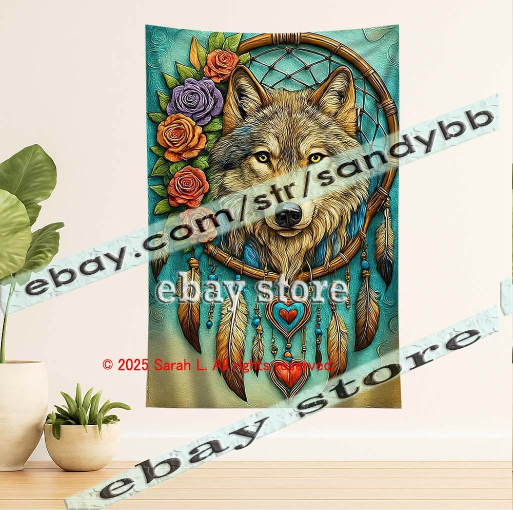 Wolf Rose Dreamcatcher Tapestry 3D relief look Wall Art decor 39X59 in
