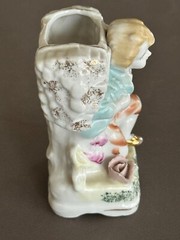 VTG PORCELAIN EDWARDIAN/VICTORIAN BOY WITH BUSHEL OF STICKS SMALL PLANTER VASE