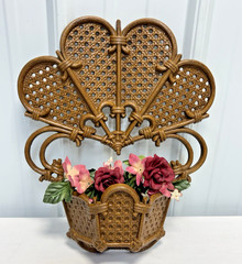 Burwood Vtg HOMCO 1981 Brown Faux Wicker Rattan Pocket Wall Decor w/ Flower Ring