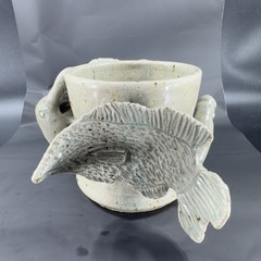 Hand Made Stoneware Pottery Large Heavy Mug Cup 3D Sea Creatures Marked Handle