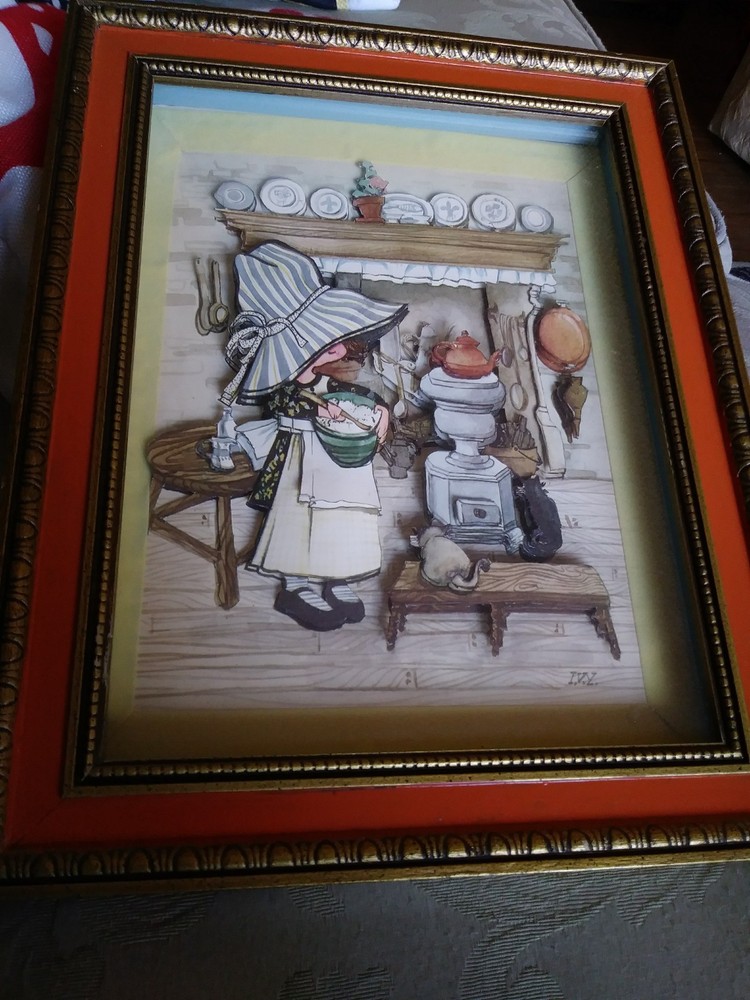 VTG 1973 Sunbonnet Girl in kitchen 3D SHADOW BOX PAPER ART Wood Frame 14.5 x 11