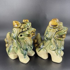 Vintage 1980s Ceramic Majolica Green Foo Dogs Set 2 Shishi Lions Good Luck vtg
