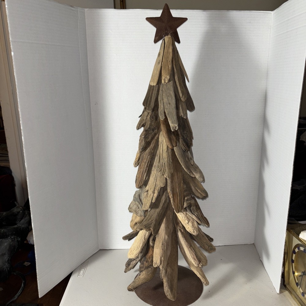 27” Driftwood Christmas Tree Hand Crafted Wood with Metal Star Folkart Rustic
