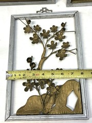 Vintage Art Deco Wall Art 3D Brass Color Tin Metal Flowers in Wooden Frames x4