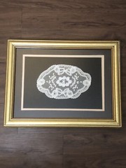 Antique Delicate Handmade White Lace In A Gold Frame Ready to Hang 15” X 12”