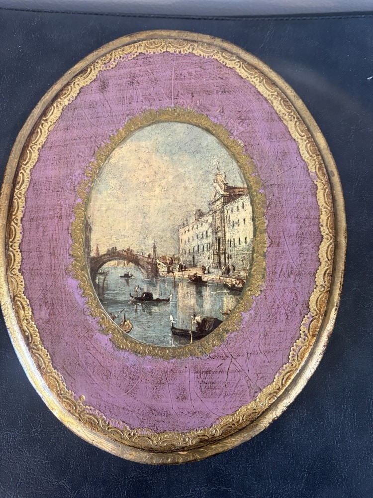 VTG Gold Gilt Italian Florentine Wood Oval Wall Picture Plaque Venice Pink Art