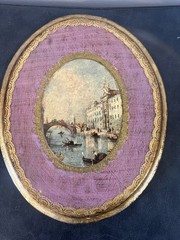VTG Gold Gilt Italian Florentine Wood Oval Wall Picture Plaque Venice Pink Art