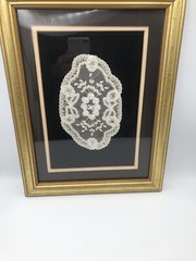 Antique Delicate Handmade White Lace In A Gold Frame Ready to Hang 15” X 12”
