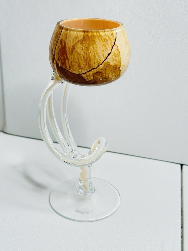 Unique Glass & Wood Goblet Wine Chalice | Handcrafted Art Sculpture Cup