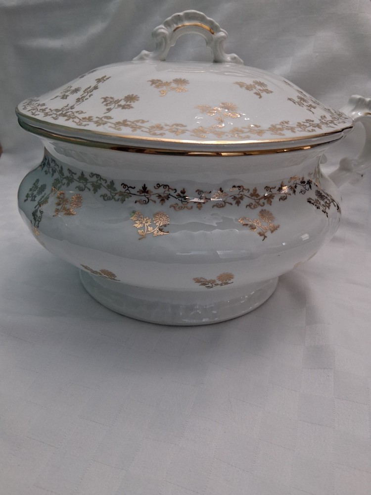 Vtg Ornate Chamber Pot With Lid White with Gold floral design, Victorian?