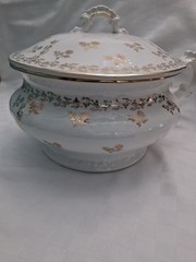 Vtg Ornate Chamber Pot With Lid White with Gold floral design, Victorian?