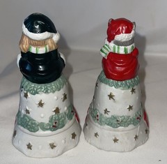 2 Vintage Ceramic Cat Dog Christmas Bells Figurines ￼