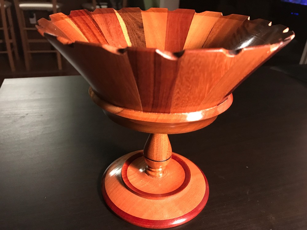 Multi-Colored Segmented Turned Wood Pedestal Bowl with Cut Out Rim Design