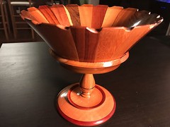 Multi-Colored Segmented Turned Wood Pedestal Bowl with Cut Out Rim Design