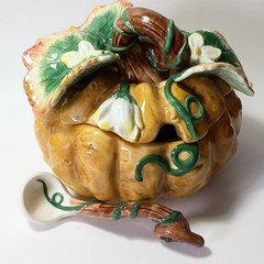 Fitz and Floyd Gardening Gourmet Majolica Pumpkin Jar with Lid and Spoon 1980’s