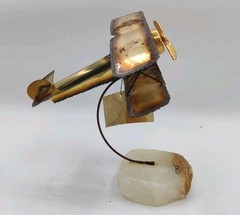 Vintage MCM Demott BiPlane Golden Metal Stone Base Art Decor Signed