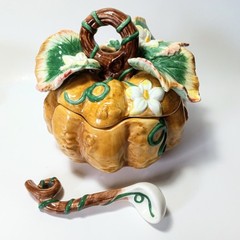 Fitz and Floyd Gardening Gourmet Majolica Pumpkin Jar with Lid and Spoon 1980’s