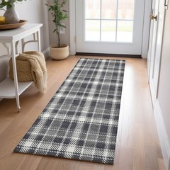 8′ Runner Black Gray and White Plaid Washable Non Skid Indoor Outdoor Rug