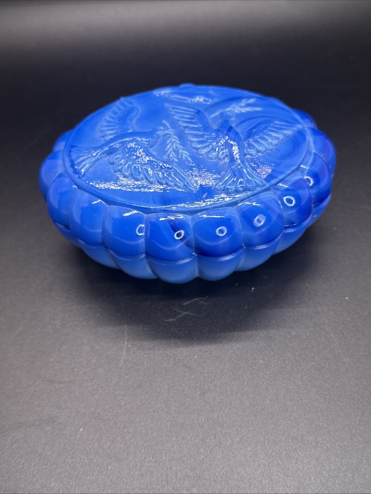 Vintage Peace Doves Akro Agate Slag Blue Swirl Trinket Glass Dish