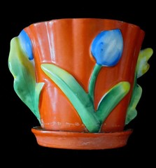 🐦🌷Beautiful Vintage Orange 3D Bird & Tulips Hand Painted Planter Gold Castle