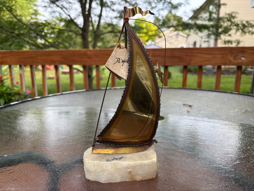 Demott 1975 Vintage Brass Sailboat Nautical Boat on Marble Base Artist Signed