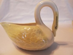 PAIR OF BELLEEK PARIAN CHINA , SWAN CREAMER AND SEA SHELL CANDY OBLONG DISH