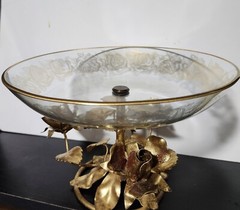 VINTAGE MID CENTURY ITALIAN 24K GOLD COLORED GILT TOLE ROSE PEDESTAL CANDY BOWL