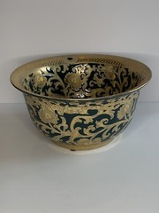 Stunning Gold& Dark Green Tapestry Porcelain Contour Bowl 10”d Asian Traditional