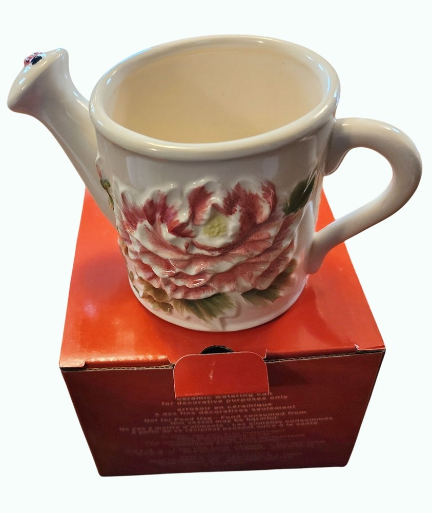 Avon 2007 Ceramic Floral Watering Can With Ladybug Design
