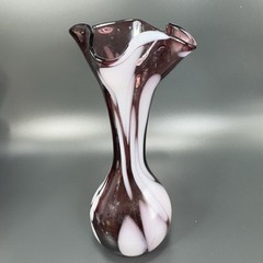1980s Art Glass Vase Purple With White Spots Wavy Ruffled Top Edges Glass Vase