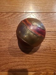 (2) Vintage Decorative Balls Brown Wood Sphere Embossing Brass Metal Inlay