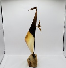 MCM Brass Sailboat 13″H Signed De Mott Sculpture Onyx Base Clipper Ship Sailing