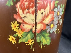 VTG Hand Painted CANCO Toleware Metal Trashcan / Can Floral Roses Brown 13”