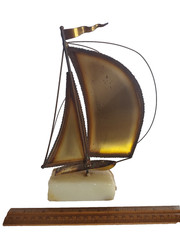 Vintage Signed John Demott Metal Sailboat Sculpture On Onyx Base *9.5″