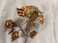 Vintage Italian Guilt Tole Candle Holder Featuring Rosebud, Leafs And Vine