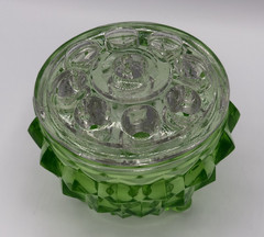 Vintage Green Uranium Glass Diamond Point Footed Dish w Clear Flower Frog Insert