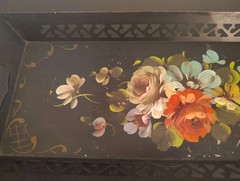 Vintage Hand Painted Floral Toleware Rectangular Metal Serving Tray