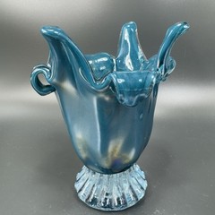 1980s Art Glass Abstract Vase Bowl Centerpiece Teal Blue Iridescent Finish Glass