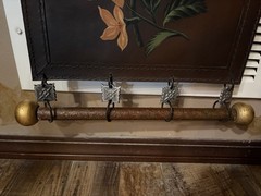 Vintage long 4 panel brown Leather Wall hanging hand painted tulips metal rods