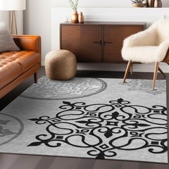 10′ X 14′ Gray Black And White Floral Medallion Washable Rug