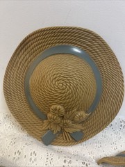 Vintage Home Interiors Burwood Blue Ribbon Bonnet Straw Hats Wall Decor Lot Of 4