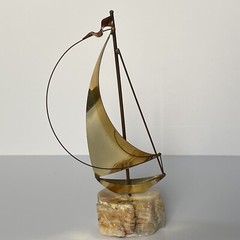 John DeMott Signed Metal Brass Sailboat Sculpture On Stone Base Decor Art Sail
