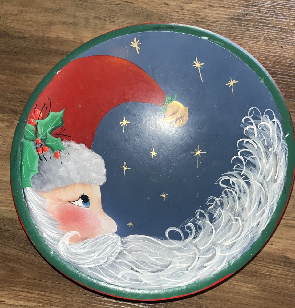 Vintage Weston Bowl Mill Hand Painted Santa Wooden Round Bowl Signed 11.5”