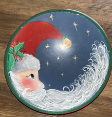 Vintage Weston Bowl Mill Hand Painted Santa Wooden Round Bowl Signed 11.5”