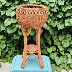 Vintage Wicker Plant Stand With Basket Top Lower Shelf Bead Accents 27″ MCM Boho