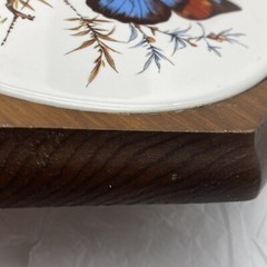 Vtg Wall Plaque Tile Trivet Butterfly Blue Brown Flowering Branch Wood Octagon