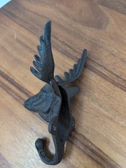 Vintage Black Cast Metal Moose Head Coat Hat Wall Mount Hanger Hook Hunter Cabin
