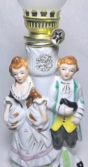 Edwardian 11″ Porcelain Kerosene Lamp Dressed Man Woman Decor Vintage Japan
