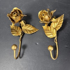 Pair Of Italian Tole Metal Rose Wall Hook Antique Gold Finish 6″ MCM VTG
